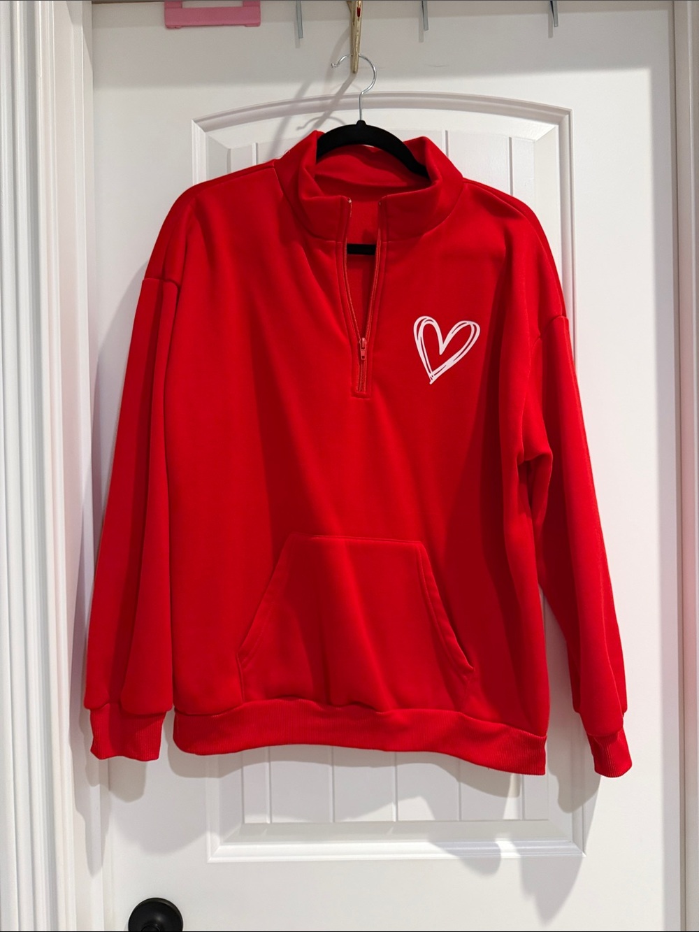 Women's Red Half-Zip Pullover Hoodie with Heart Detail
